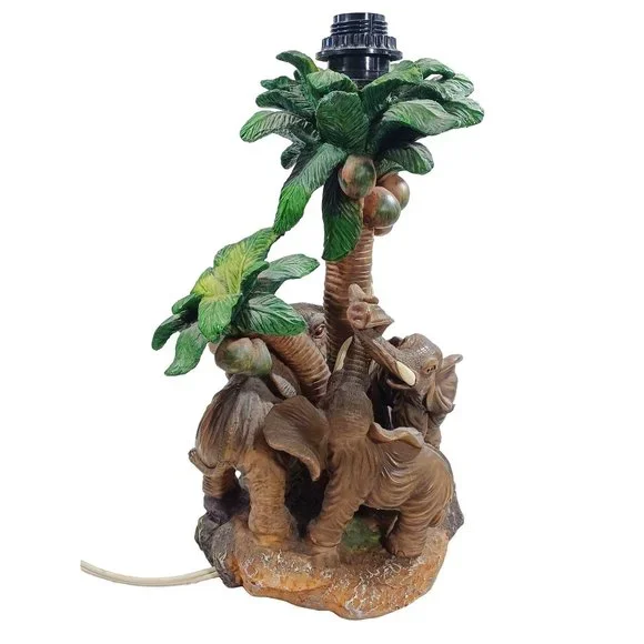 Vtg Tropical Elephants Mother Baby Babies  Safari Jungle Palm Trees Table Lamp - Picture 5 of 9